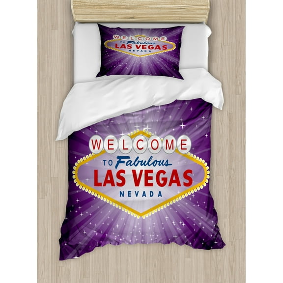 Las Vegas Duvet Cover Set Twin Size, Welcome to Fabulous Las Vegas Sign United States Nevada with Starburst Stripes, Decorative 2 Piece Bedding Set with 1 Pillow Sham, Multicolor, by Ambesonne