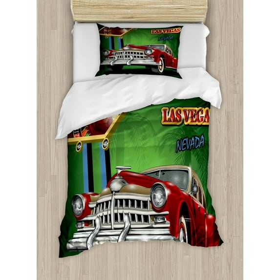 Las Vegas Duvet Cover Set Twin Size, Welcome Sign to Nevada with Retro Car and Roulette Table on Palm Tree Silhouettes, Decorative 2 Piece Bedding Set with 1 Pillow Sham, Multicolor, by Ambesonne