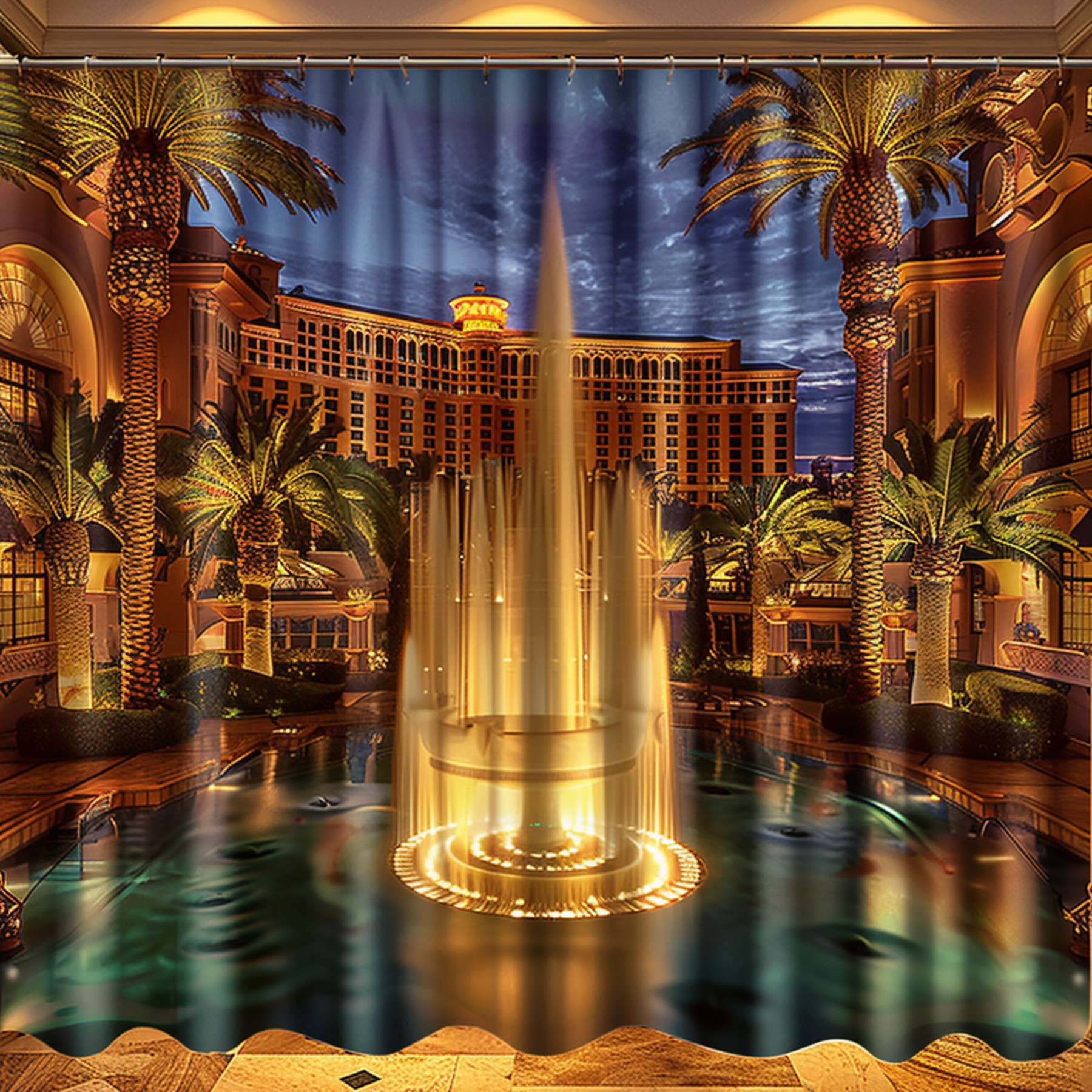 Las Vegas Luxury Hotel Palms & Fountain Night View Shower Curtain