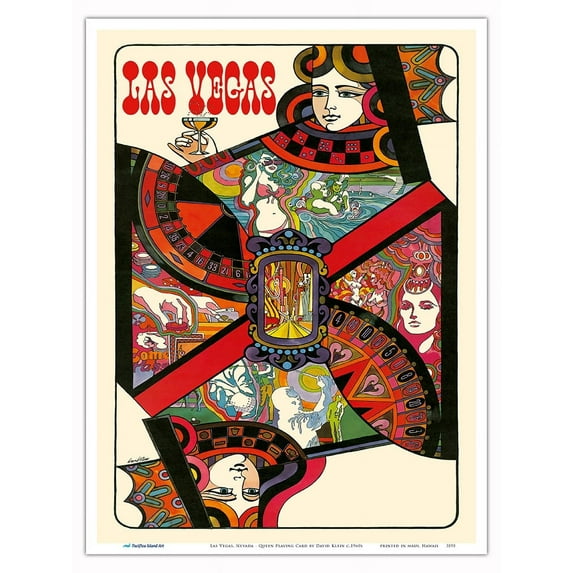 Las Vegas Nevada - Queen Playing Card - Vintage Travel Poster by David Klein c.1960s - Master Art Print (Unframed) 9in x 12in
