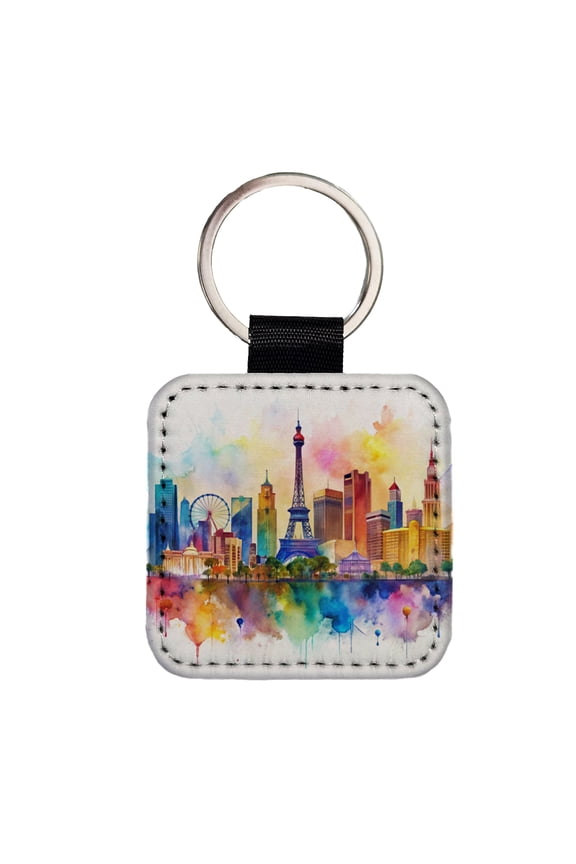 Las Vegas Nevada Watercolor Faux Leather Square Keychain