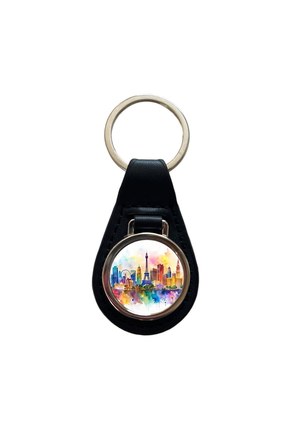 Las Vegas Nevada Watercolor Metal Black Leather Keychain
