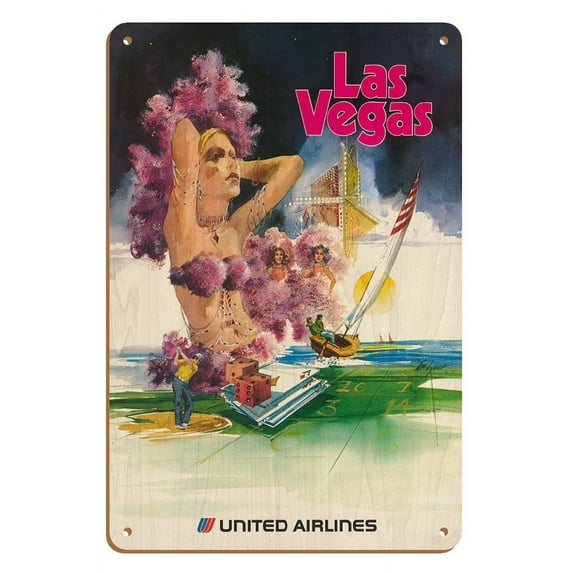 Las Vegas - Show Girls - United Airlines - Vintage Airline Travel Poster by Tom Lynch c.1970s - 8 x 12 inch Vintage Wood Art Sign