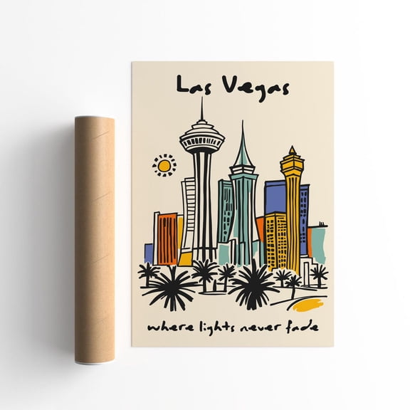 Las Vegas Skyline Art Retro City Lights Travel Poster, Unframed Paper Poster 8x10in