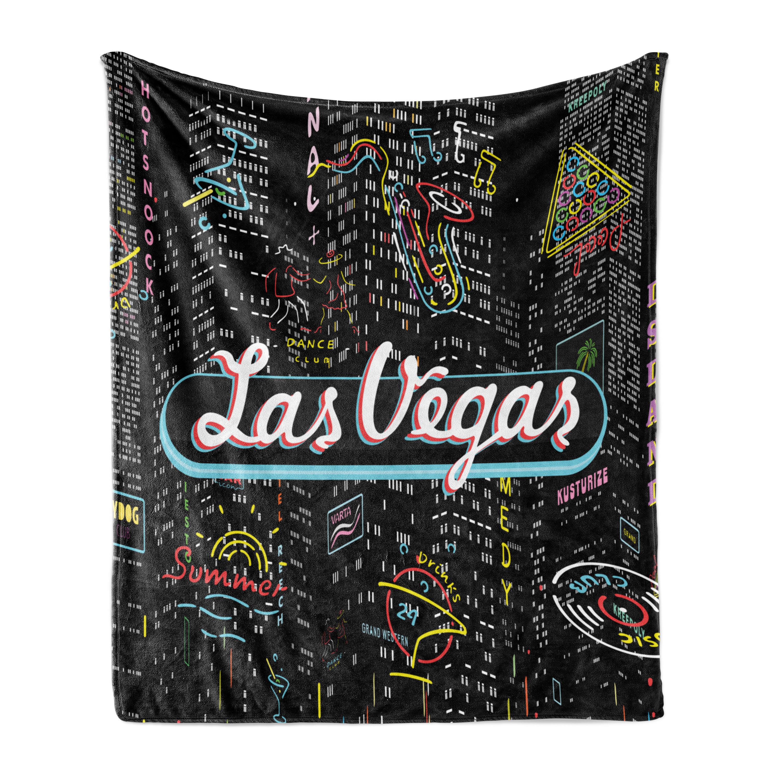 Las Vegas Soft Flannel Fleece Blanket, Colorful Elements of Vegas Entertaintment Monochrome Buildings Sax and Bar Signs, Cozy Plush for Indoor and Outdoor Use, 50" x 70", Multicolor, by Ambesonne - image 1 of 6