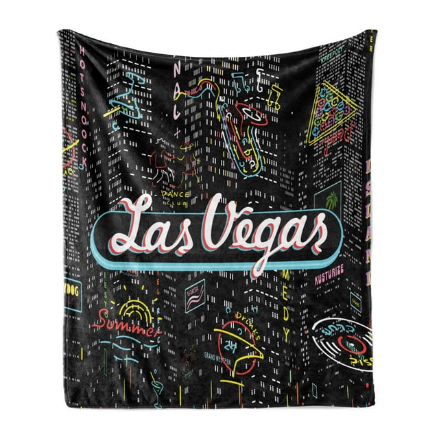 Las Vegas Soft Flannel Fleece Blanket, Colorful Elements of Vegas Entertaintment Monochrome Buildings Sax and Bar Signs, Cozy Plush for Indoor and Outdoor Use, 50" x 70", Multicolor, by Ambesonne