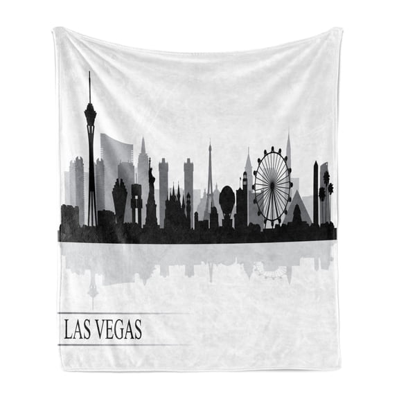 Las Vegas Soft Flannel Fleece Blanket, Monochromatic Illustration of Panoramic City Silhouettes and Reflections, Cozy Plush for Indoor and Outdoor Use, 70" x 90", White Charcoal Grey, by Ambesonne