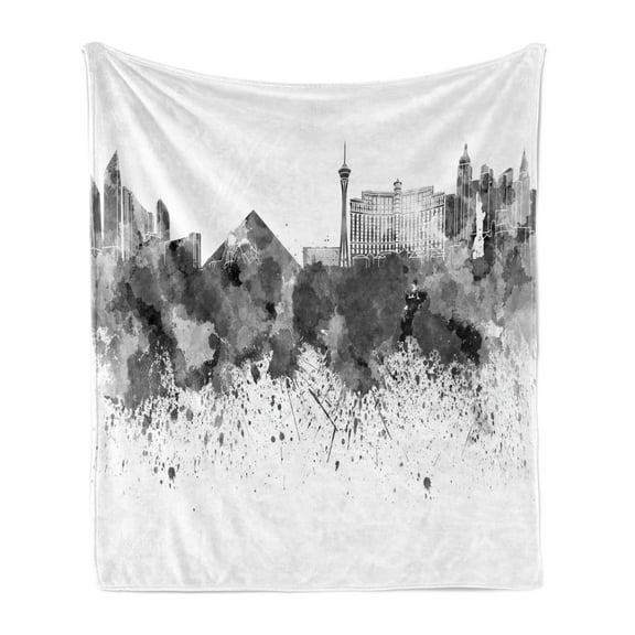 Las Vegas Soft Flannel Fleece Throw Blanket, Monochrome Vegas Skyline with Paint Splashes Grunge Watercolor Design, Cozy Plush for Indoor and Outdoor Use, 50" x 60", Charcoal Grey White, by Ambesonne