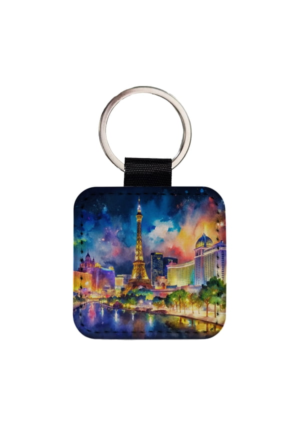 Las Vegas Strip At Night Watercolor Faux Leather Square Keychain