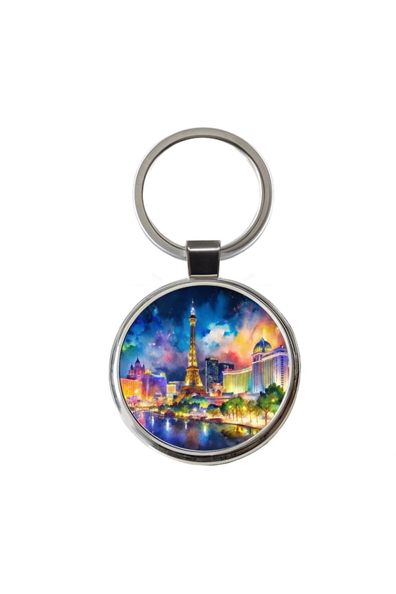 Las Vegas Strip At Night Watercolor Metal Round Keychain