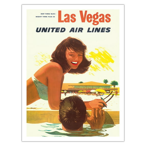 Las Vegas USA - United Air Lines - Vintage Airline Travel Poster by Stan Galli - Bamboo Fine Art 290gsm Paper Print (Unframed) 24x32in