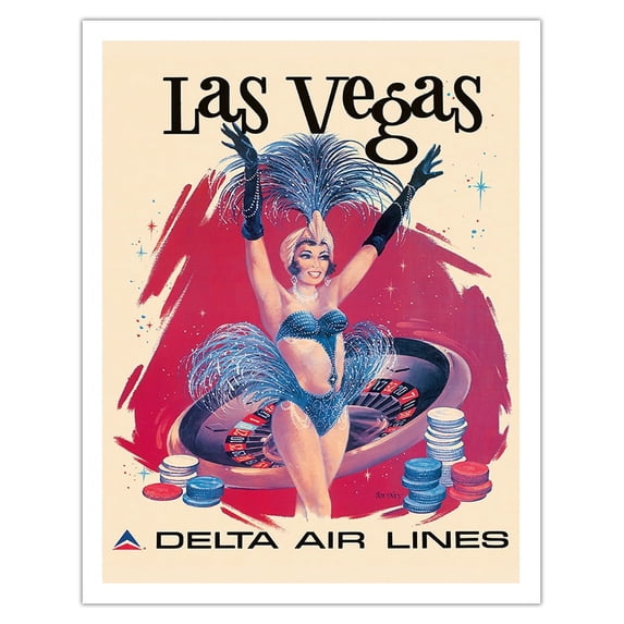 Las Vegas, USA - Vegas Show Girl - Delta Air Lines - Vintage Airline Travel Poster by Fred Sweney c.1960s - Fine Art Matte Paper Print (Unframed) 11x14in