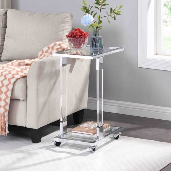 C-shape Silver Tempered Glass Side Table with Wheels 18x12 Silver Chrome Frame Modern Acrylic Legs End Table for Living Room, 2-tier Clear Night Stand for Bedroom