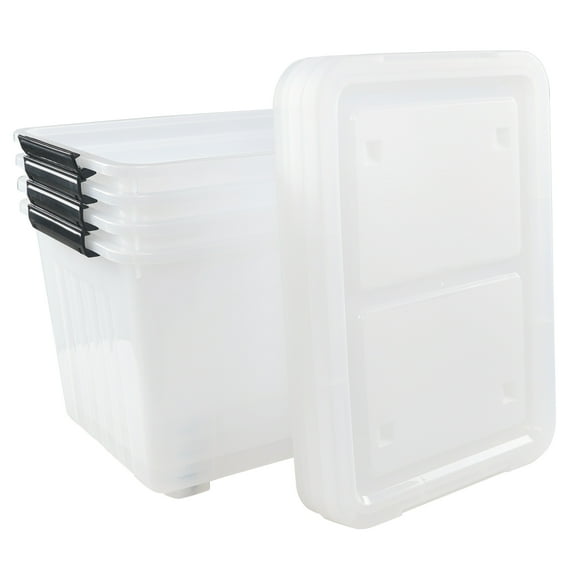 Lasbily 4-Pack 42 L Clear Plastic Storage Container Bin with Lids and Latch Buckle, Clear Storage Latch Box/Bin with Wheels