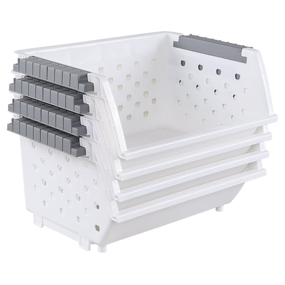 Lasbily Set of 4 Plastic Stackable Storage Baskets, Stackable Organizer Bins for Kitchen, Pantry and Bathroom, White