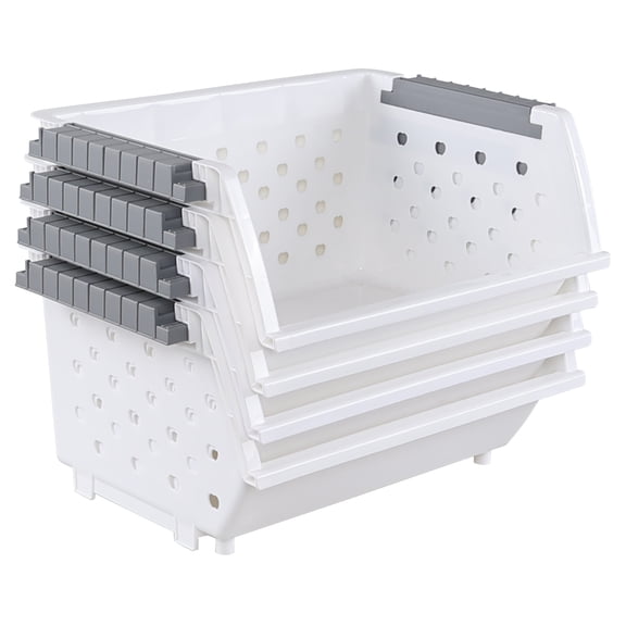 Lasbily Set of 4 Plastic Stackable Storage Baskets, Stackable Organizer Bins for Kitchen, Pantry and Bathroom, White