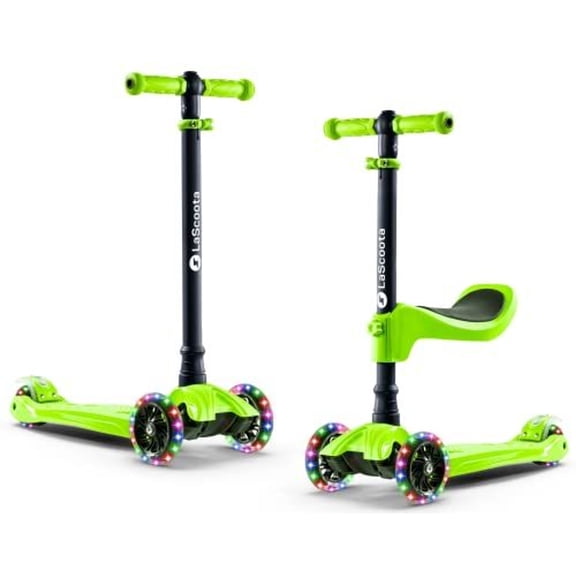 Lascoota 2-in-1 Kids Kick Scooter with Seat - Green - Ages 3-12, Up to 100 lb - Removable Seat & Anti-Slip Deck - Lean-to-Steer Self-Balancing 3-Wheel LED Lighted Wheels