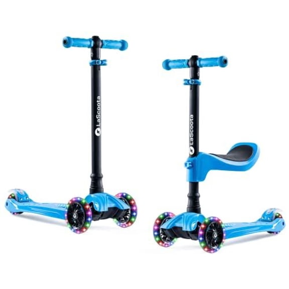 Lascoota 3-Wheel Kids Scooter - Removable Seat, Adjustable Handlebar, Light-Up Wheels & Lean-to-Steer for Toddler Scooter - Blue, Aluminum, Large