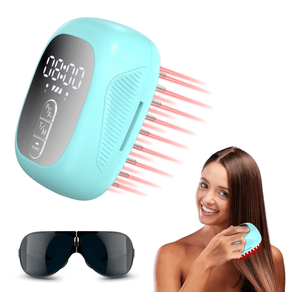 LaseLocks Red Light Massage Comb - 40 x 660nm LED Beads + 8 x 650nm LED Beads, Rechargeable, Compact Travel Design with Detachable Storage Pouch-Blue