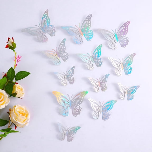 Laser Butterfly Wall Decor, 48Pcs Iridescent Silver Butterflies for Birthday Cake Cupcake Toppers, 3 Sizes 3D Paper Iridescent Sticker Graduation Grad Cap Decorations for Shower Room and other Decals