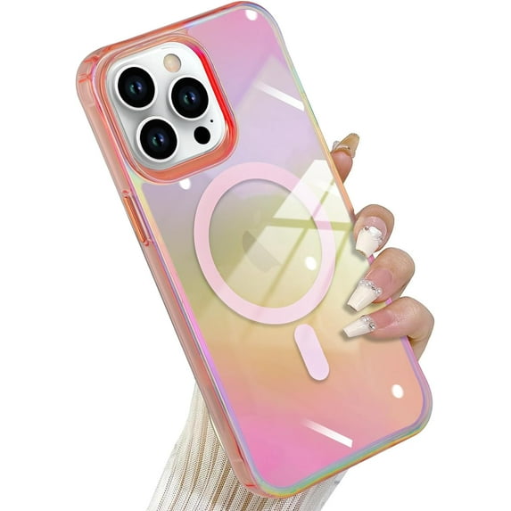 Laser Case Designed for iPhone 15 Pro Case Compatible with Magsafe Fluorescent Iridescent Transparent Case for Women Soft TPU Bumper Hard Back Shockproof Protective Cover-Clear/Pink