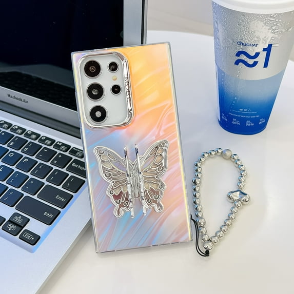 Laser Case for Samsung Galaxy S23 Ultra Case with Detachable Bracelet, Luxury Plating Butterfly Design with Foldable Kickstand for Women & Girls Electroplated Shockproof Protective Cover, Butterfly-D