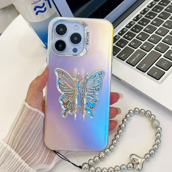 Laser Case for iPhone 14 Case with Detachable Bracelet, Luxury Plating Butterfly Design with Foldable Kickstand for Women & Girls Electroplated Shockproof Protective Cover, Butterfly-C