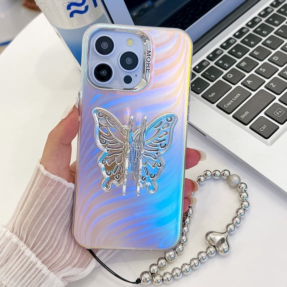 Laser Case for iPhone 14 Pro Case with Detachable Bracelet, Luxury Plating Butterfly Design with Foldable Kickstand for Women & Girls Electroplated Shockproof Protective Cover, Butterfly-F