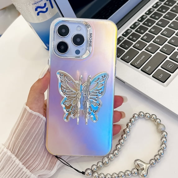 Laser Case for iPhone 14 Pro Case with Detachable Bracelet, Luxury Plating Butterfly Design with Foldable Kickstand for Women & Girls Electroplated Shockproof Protective Cover, Butterfly-C
