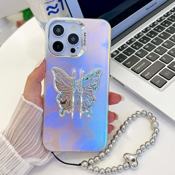 Laser Case for iPhone 14 Pro Case with Detachable Bracelet, Luxury Plating Butterfly Design with Foldable Kickstand for Women & Girls Electroplated Shockproof Protective Cover, Butterfly-A