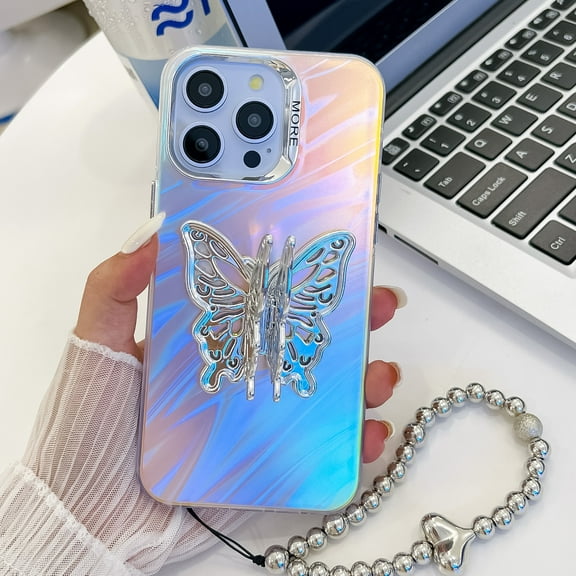Laser Case for iPhone 15 Case with Detachable Bracelet, Luxury Plating Butterfly Design with Foldable Kickstand for Women & Girls Electroplated Shockproof Protective Cover, Butterfly-D