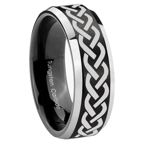 Laser Celtic Knot Beveled Brush Black 2 Tone Tungsten Ring 10MM
