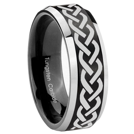 Laser Celtic Knot Beveled Brush Black 2 Tone Tungsten Ring 10MM