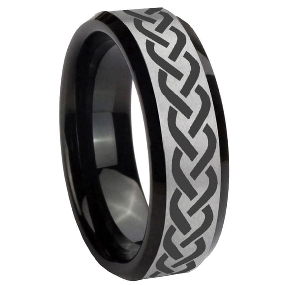 Laser Celtic Knot Beveled Edge Gray And Black Tungsten Ring 10MM