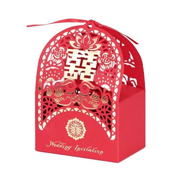 Laser Cut Chinese Style Wedding Classical Wedding Candy Boxes Favor Gift Box, Red - 10 Piece
