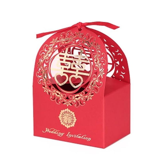 Laser Cut Chinese Style Wedding Sweet Party Favor Decorative Treats Boxes, Red - 10 Piece