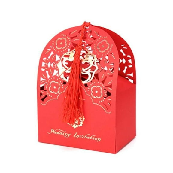Laser Cut Gift Decorative Chinese Style Wedding Candy Paper Boxes, Red - 10 Piece