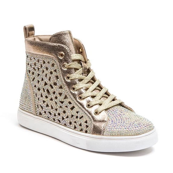 Laser Cut High Top Sneaker Shoes with Rhinestones, Gold - Size 40