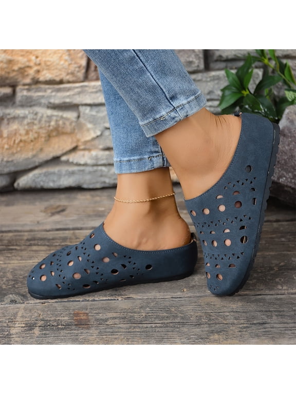 Laser Cut Hollow Mule Clogs, Perforated Slip On Flats, Mules Slides for Women Summer Closed Toe Hollow Out Casual Slides Low Wedge Breathable Lightweight Soft Outdoor Shoes, Blue 7