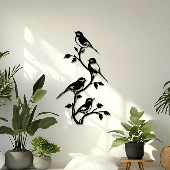 Laser Cut Iron Metal Wall Art, Three Birds on Branch Silhouette, Indoor ...