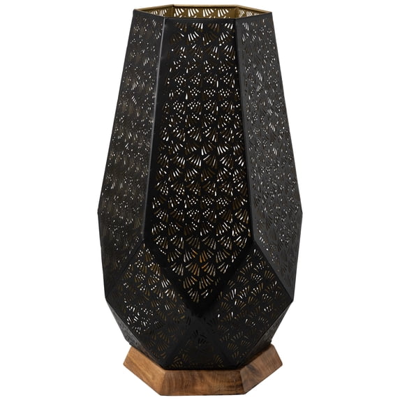 Northlight Laser-Cut Leaf Pattern Iron Table Lamp with Wood Base - 17" - Black and Gold