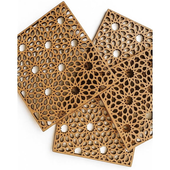Laser Cut Mandala & Leaf Wooden Coasters – Decorative Tabletop Set – MDF Pinkish Brown – 3 Inch Diameter Home Décor