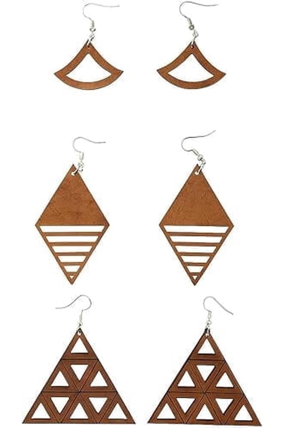 Laser Cut Wooden Earrings Set of 3 – Boho Teardrop, Geometric, and Fan Shapes – Lightweight Handmade Jewelry