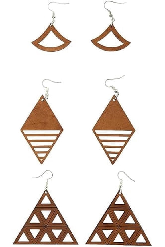 Laser Cut Wooden Earrings Set of 3 – Boho Teardrop, Geometric, and Fan Shapes – Lightweight Handmade Jewelry