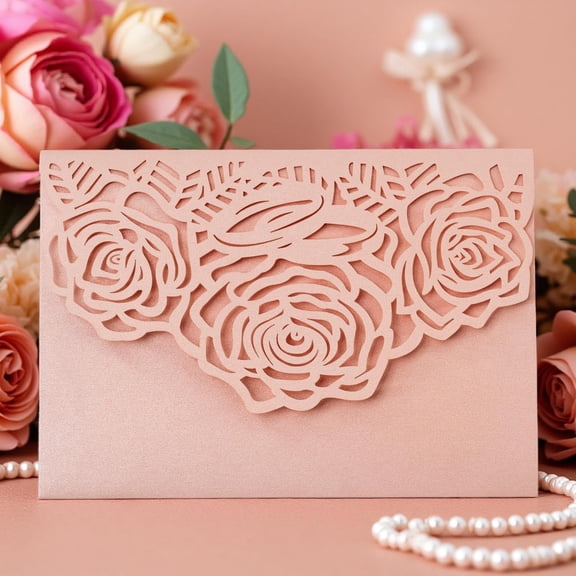 Laser Cutting Invitation Card Greeting Card Graduation Party Rose Flower Wedding Birthday Party Invitations Invitation Pocket With Envelope (Pink)