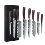 8 Piece Laser Damascus Chef Knife Set, Japanese High Carbon Steel Chef's Knife with Blade Guard, Cleaver, Santoku, Bread, Boning Knife