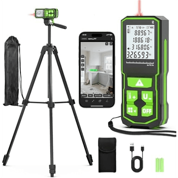 Laser Distance Measure 395 Feet with 60 Inch Tripod, Laser Distance Meter with Bluetooth & APP, Angle Sensor, 1/16in Accuracy Rechargeable Laser Measuring Tool, M/in/Ft Unit, Pythagorean Mode$$Tools