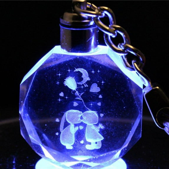 Laser Engraved 3D Crystal Glass Pendant Key Chain Keyring Rose Valentine's Day Gifts