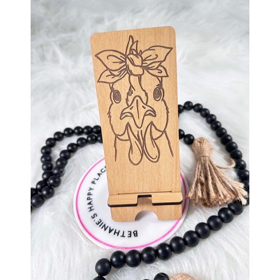 Laser Engraved Chicken Phone Stand: Personalized Wood Desk Decor