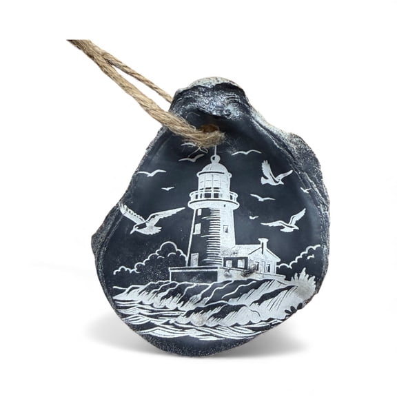 Laser-Engraved Oyster Shell Christmas Ornament – Lighthouse Coastal Decor – Handmade Natural Shell, Jute Hanger, Gift-Ready Packaging – Unique Nautical Holiday Ornament